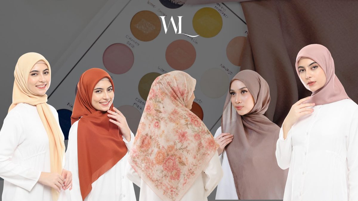Lima model memakai hijab Wahyu Lestari: kuning pastel, bata, motif bunga, cokelat, dan dusty pink, dengan palet warna kain di latar